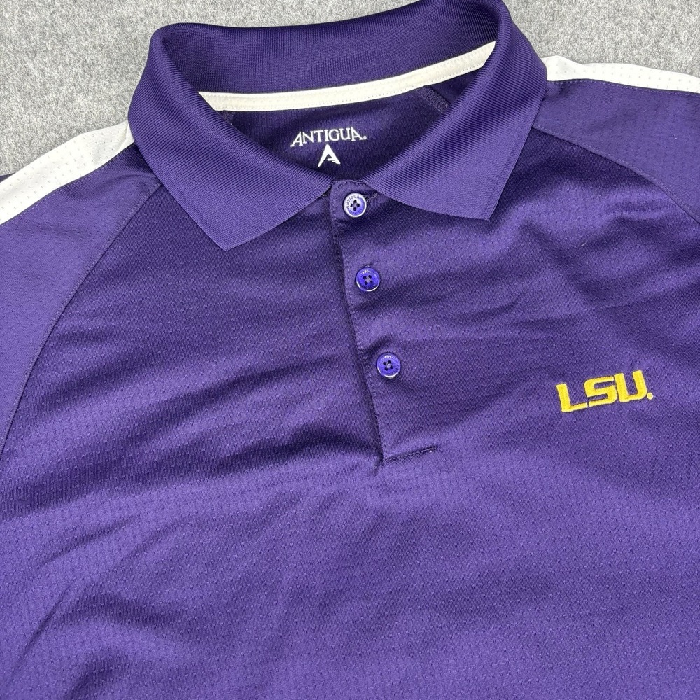 LSU Tigers Antigua Polo Shirt Mens Large Purple Gold NCAA Football Short Sleeve